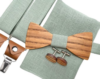 Wooden bow tie SET Light sage green color, cufflinks, pockets square, Light sage green bow tie and suspenders, wedding accessories