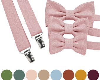 Accesorios de color rosa rubor para hombre, joven, niño, niño pequeño, bebé, niños: pajarita, tirantes, tirantes, gemelos, pañuelo de bolsillo