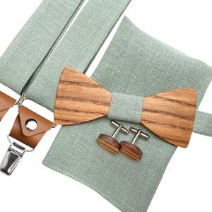 Wooden bow tie SET Light sage green color, cufflinks, pockets square, Light sage green bow tie and suspenders, wedding accessories