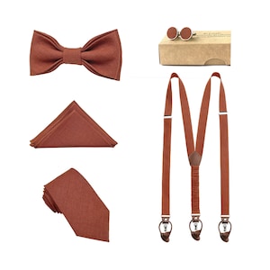 Burnt orange accessories, Burnt orange tie, Burnt orange bow tie, Suspenders with leather, Braces with leather, Suspenders with clips