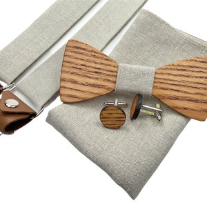 Wooden bow tie SET: wooden bow tie, cufflinks, pockets square, suspenders. Bow tie for weddings- wedding accessories- Y braces