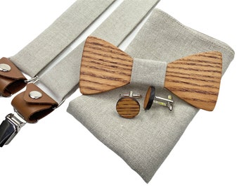 Wooden bow tie SET: wooden bow tie, cufflinks, pockets square, suspenders. Bow tie for weddings- wedding accessories- Y braces