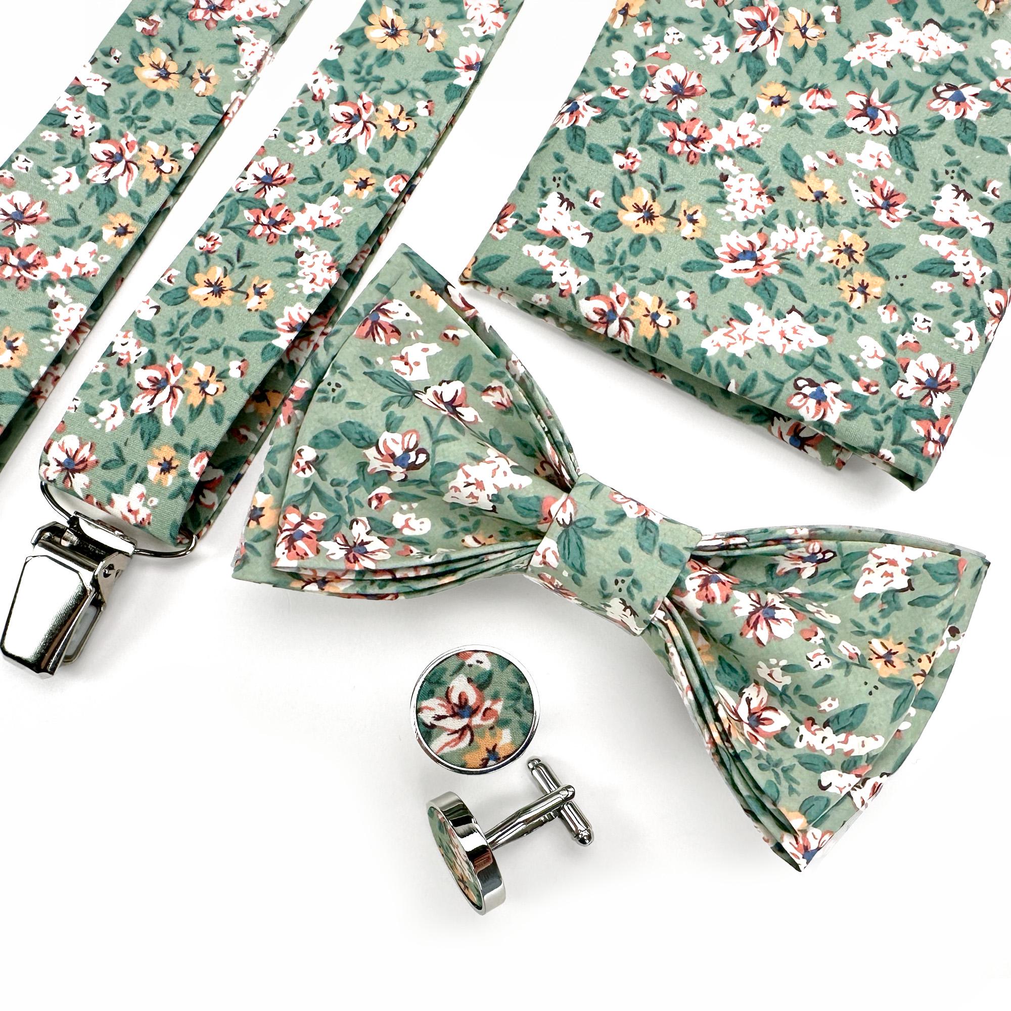 Floral sage green and other color bow ties, suspenders, braces, cufflinks, Wedding floral Groomsmen accessories, Bow Ties Floral