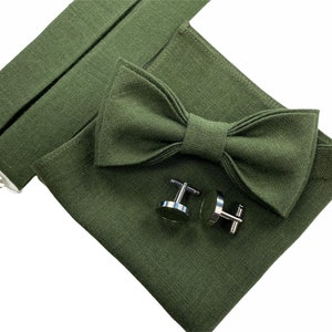 Dark moss green Linen bow tie linen pocket square linen suspenders linen braces wedding linen accessories groomsmen bow tie image 1
