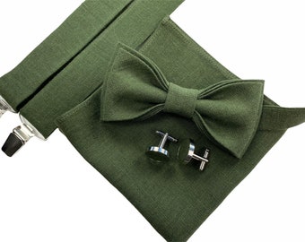 Verde musgo oscuro Pajarita de lino - bolsillo de lino cuadrado- tirantes de lino- tirantes de lino- accesorios de ropa de boda- padrinos pajarita