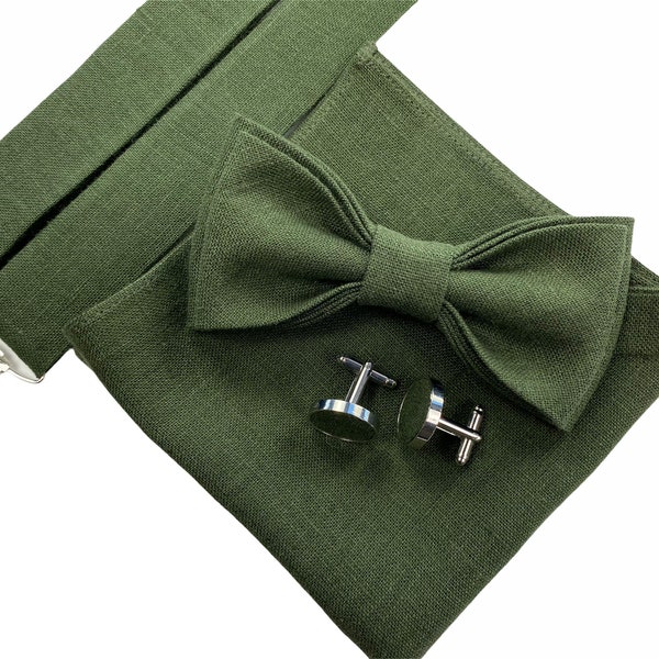 Dark moss green Linen bow tie - linen pocket square- linen suspenders- linen braces- wedding linen accessories- groomsmen bow tie