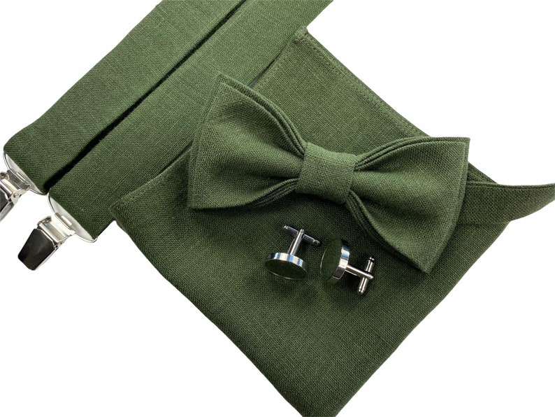 Dark moss green Linen bow tie linen pocket square linen suspenders linen braces wedding linen accessories groomsmen bow tie image 1