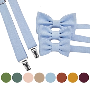Accesorios en azul celeste y otros colores para hombre, joven, niño, bebé y niño pequeño: pajarita, tirantes, gemelos, pañuelo de bolsillo.