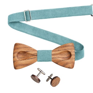 Aqua sky wooden bow tie SET, cufflinks, pocket square, suspenders, Aqua sky Bow tie, Aqua sky suspenders, wedding accessories, braces image 4
