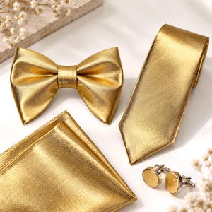 Guldfärgade metallic accessoarer: Stor glänsande fluga, slips, manschettknappar, näsduk för bröllop, födelsedagar och andra evenemang