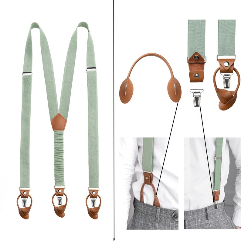 Light sage green Linen bow tie/ Linen suspenders leather ends, Linen pocket square, Braces with leather, Suspenders with clips for buttons Suspenders (4)