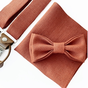 Burnt Orange Custom Linen bow tie, Linen bow tie, Linen pocket square, Suspenders with leather, Braces with leather, Suspenders with clips