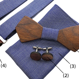 WOODEN SET: Wooden bow tie, Wooden cufflinks, suspenders with leather, pocket square