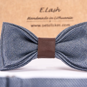 Blue - Wool bowtie- Wool with leather bow tie-Wool pocket square- Wool suspenders- Wool braces- wedding wool accessories-groom bowtie