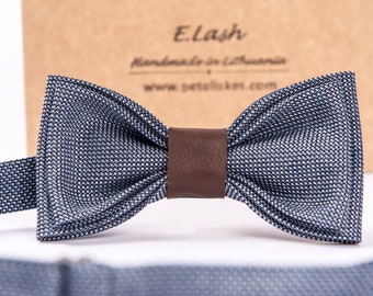 Blue - Wool bowtie- Wool with leather bow tie-Wool pocket square- Wool suspenders- Wool braces- wedding wool accessories-groom bowtie