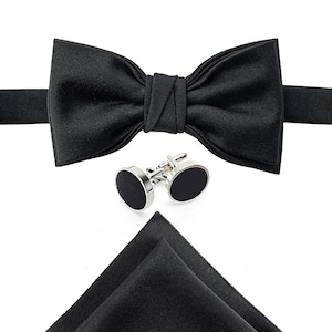 Black Satin bow tie-Groomsmen bow tie-Wedding bow tie-Grooms bowtie-Bow tie for men, Cummerbund, Suspenders, Pocket Square, cufflinks