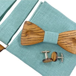 Aqua sky wooden bow tie SET, cufflinks, pocket square, suspenders, Aqua sky Bow tie, Aqua sky suspenders, wedding accessories, braces