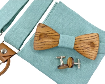 Aqua sky wooden bow tie SET, cufflinks, pocket square, suspenders, Aqua sky Bow tie, Aqua sky suspenders, wedding accessories, braces