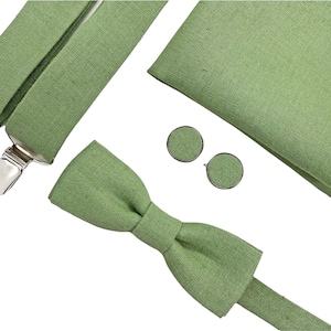 Pistachio green color slim bow tie, Linen bow tie,  Linen pocket square, Linen suspenders, Linen braces, Pistacio bow tie, slim bow tie