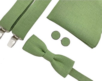 Pistachio green color slim bow tie, Linen bow tie,  Linen pocket square, Linen suspenders, Linen braces, Pistacio bow tie, slim bow tie