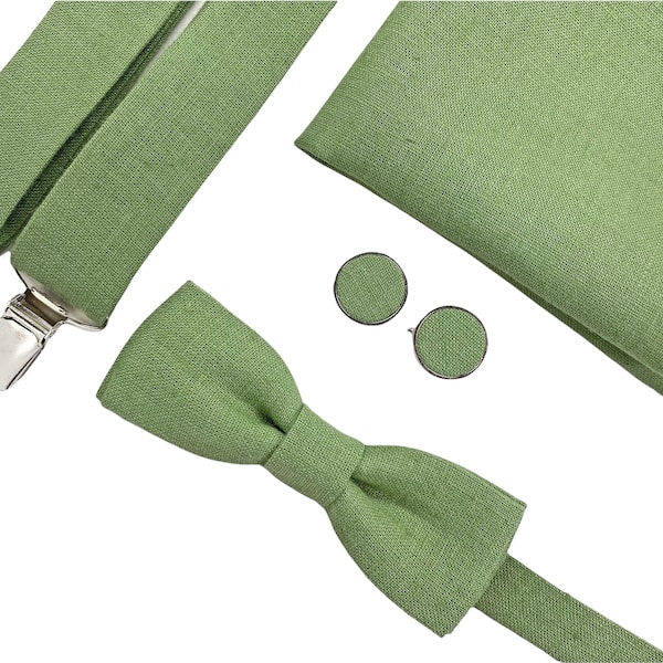 Noeud papillon slim couleur vert pistache en lin, Pochette en lin, Bretelles en lin, Bretelles en lin, Noeud papillon pistache