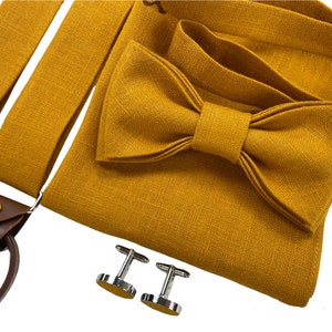 Mustard Linen bow tie, Custom Linen bow tie, Mustard tie, Mustard suspenders leather ends, Groomsmen bow tie, Bow tie for men, pink bow tie