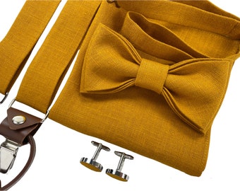 Mustard Linen bow tie, Custom Linen bow tie, Mustard tie, Mustard suspenders leather ends, Groomsmen bow tie, Bow tie for men, pink bow tie