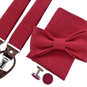 Red bow tie, Red suspenders, Red pocket square, Red cufflinks, Suspenders with leather, Red Braces with leather, Braces for buttons