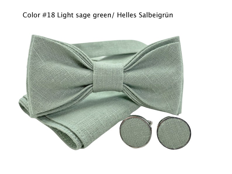 Light sage green Linen bow tie/ Linen suspenders leather ends, Linen pocket square, Braces with leather, Suspenders with clips for buttons zdjęcie 2