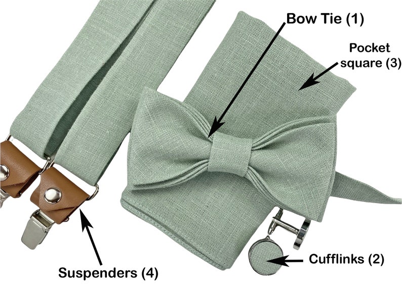 You can order each accessory separately or combine set of accessories: bow tie, suspenders, braces, cufflinks, pocket square. Suspenders are with leather and universal: with clips and loops