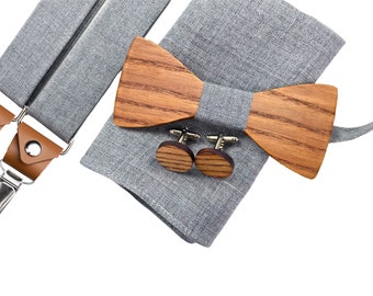 Grey melange wooden bow tie SET: wooden bow tie, cufflinks, pockets square, suspenders. Bow tie for weddings- wedding accessories- Y braces