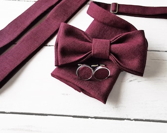 Burgundy-Plum Linen bow tie, Bow tie,Linen pocket square, Linen suspenders, Linen braces, Groomsmen bow tie, Bow tie for men, Custom bow tie