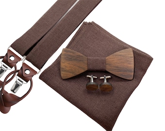 Wooden bow tie- wooden bow tie and cufflinks- bow tie for weddings- wedding accessories- suspenders- wooden cufflinks- pocket square
