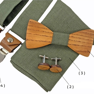 Wooden bow tie SET wooden bow tie, cufflinks, pockets square, suspenders, Green Bow tie, Green suspenders, wedding accessories, green braces image 6