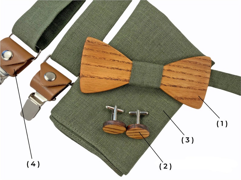 Wooden bow tie SET wooden bow tie, cufflinks, pockets square, suspenders, Green Bow tie, Green suspenders, wedding accessories, green braces image 6