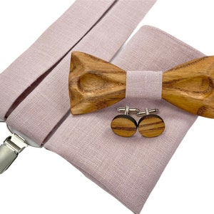 Dusty rose wooden bow tie- wooden bow tie and cufflinks- bow tie for weddings - suspenders- wooden cufflinks- pocket square