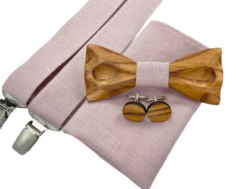 Pajarita de madera rosa polvorienta- pajarita de madera y gemelos- pajarita para bodas - tirantes- gemelos de madera- bolsillo cuadrado