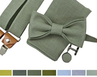 Noeud papillon en lin vert sauge/ noeud papillon en lin/ carré de poche en lin/bretelles avec cuir/bretelles avec cuir/bretelles avec clips