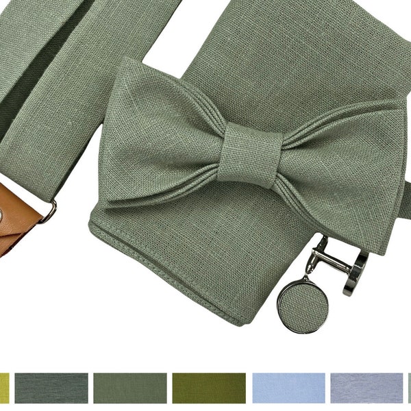 Sage Green Linen bow tie, Linen bow tie, Linen pocket square, Suspenders with leather, Braces with leather, Suspenders with clips