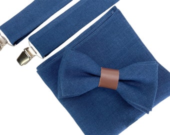 Blue Linen bow tie- Linen bowtie- Linen with leather bow tie- linen with leather bowtie- Pretied bowtie- Pretied bow tie- suspenders- braces