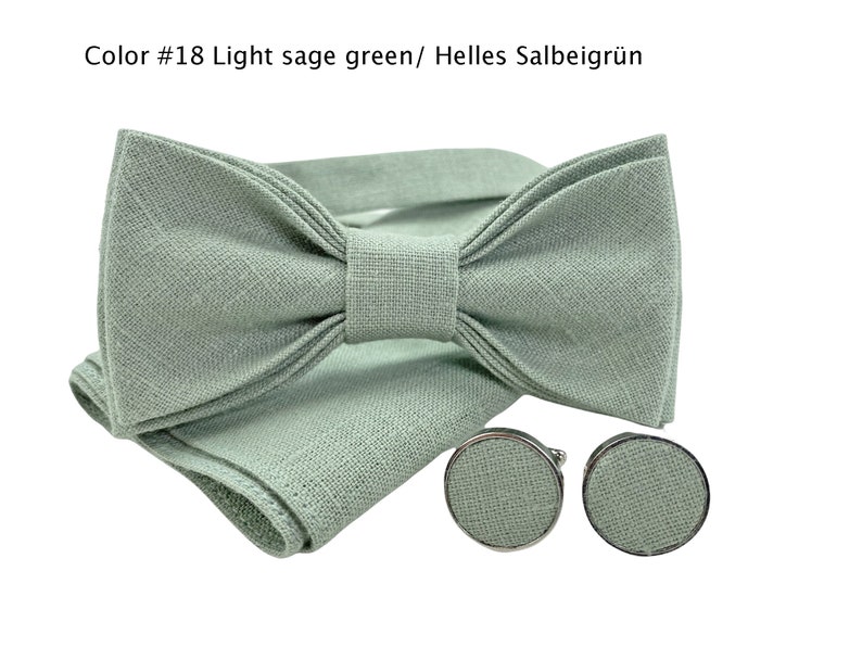 Light sage green Custom Linen bow tie, Linen pocket square, Sage green suspenders, Groomsmen bow tie, Bow tie for men, dusty sage bow tie zdjęcie 2