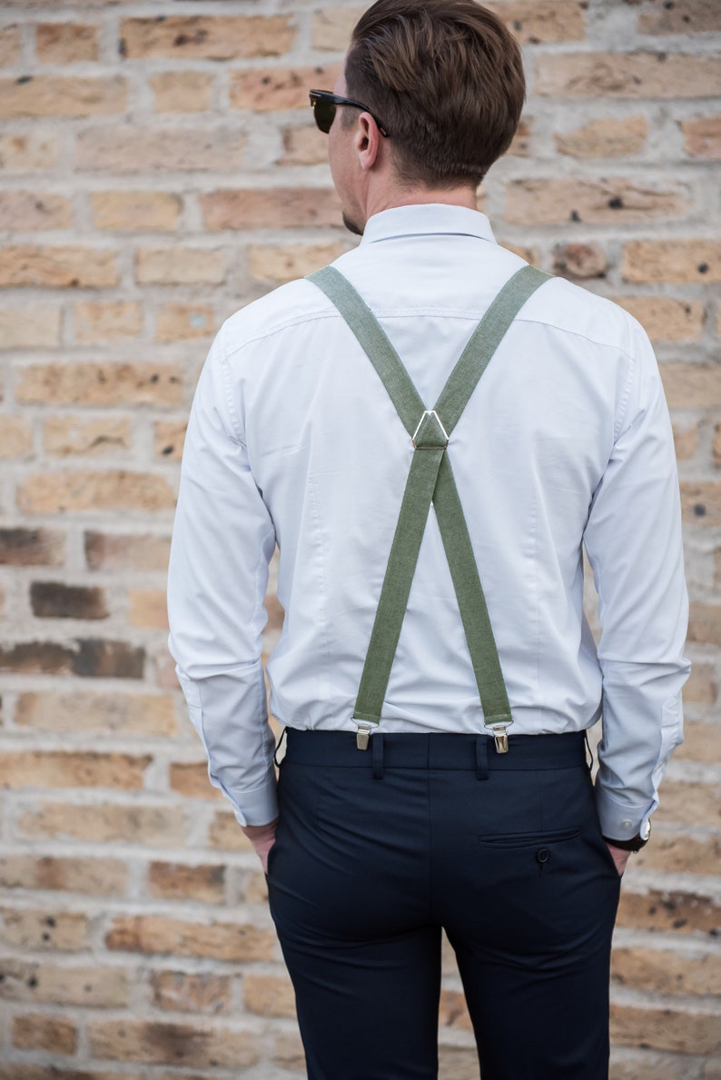 Noeud papillon de mariage vert sauge, boutons de manchette, pochette de costume et bretelles - Suspenders (4)