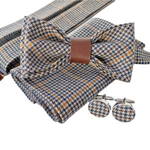 Brown beige bow tie with leather, Suspenders for buttons, Suspenders with clips, Suspenders with leather