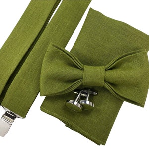 Olive green Linen bow tie, Linen bow tie, Linen pocket square, Moss green suspenders, Moss green braces, Groomsmen bow tie, Bow tie for men
