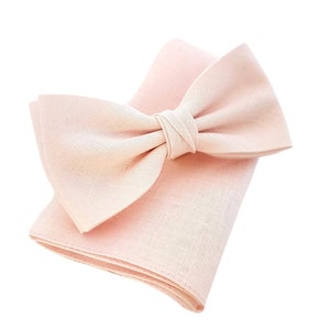 Light pink bow tie- Linen bowtie- Linen pocket square- Pretied linen bowtie- light pink suspenders- thanksgiving- Christmas