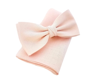 Light pink bow tie- Linen bowtie- Linen pocket square- Pretied linen bowtie- light pink suspenders- thanksgiving- Christmas