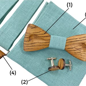 Aqua sky wooden bow tie SET, cufflinks, pocket square, suspenders, Aqua sky Bow tie, Aqua sky suspenders, wedding accessories, braces image 5