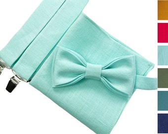 Mint Linen bow tie, Linen bow tie, Linen pocket square, Mint suspenders, Mint braces, Bowtie for men, Mint bow tie, mens wedding bow tie