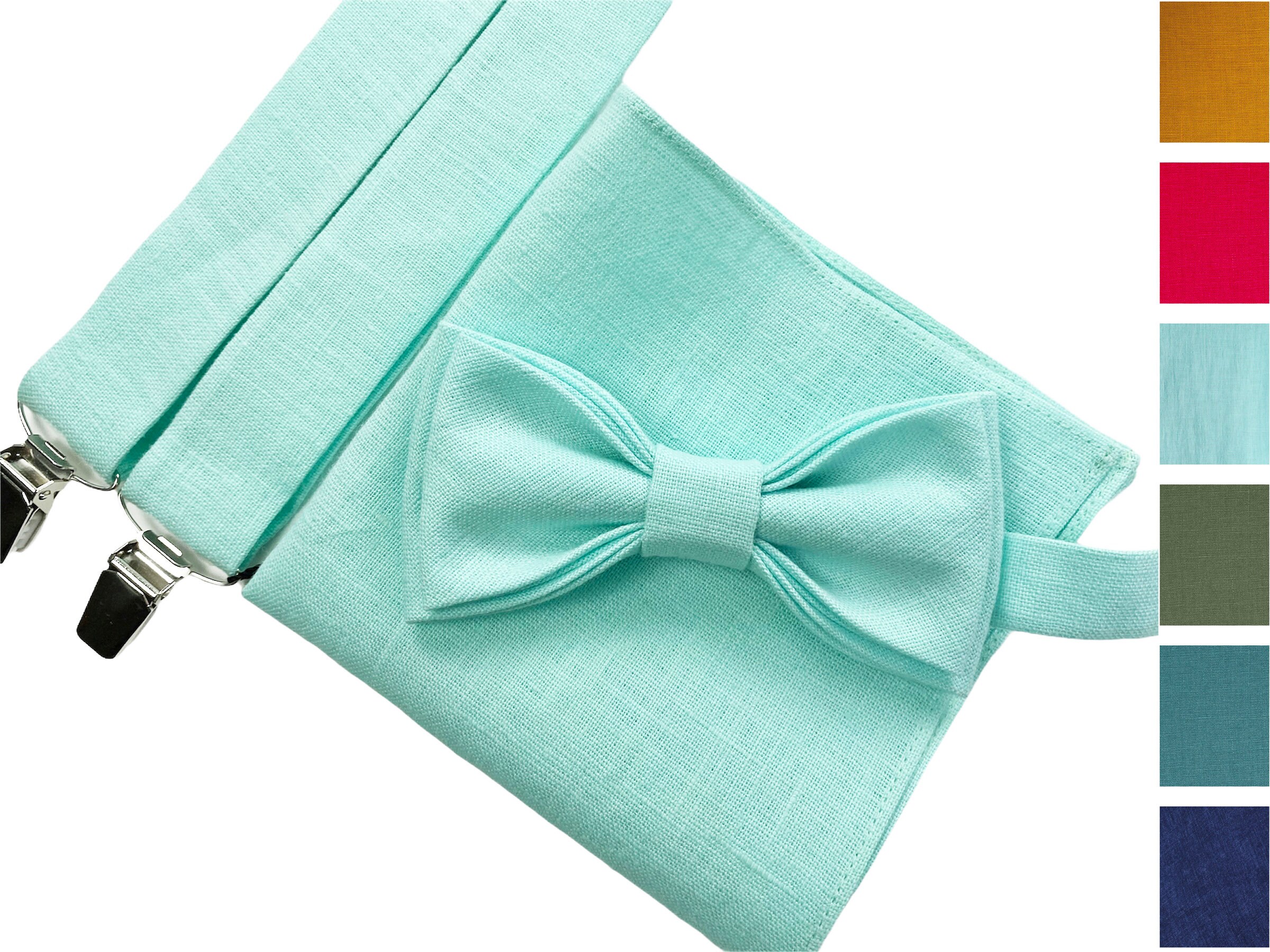 Mint Linen bow tie, Linen bow tie, Linen pocket square, Mint suspenders, Mint braces, Bowtie for men, Mint bow tie, mens wedding bow tie
