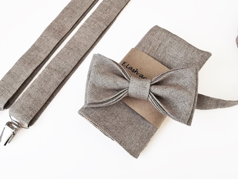 Custom Linen bow tie, Linen bow tie, Linen pocket square, Gray suspenders, Gray braces, Groomsmen bow tie, Bow tie for men, pink bow tie image 2